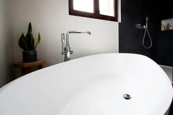 Vrijstaand bad met staande kraan en plant, realisatie van ID Interieur