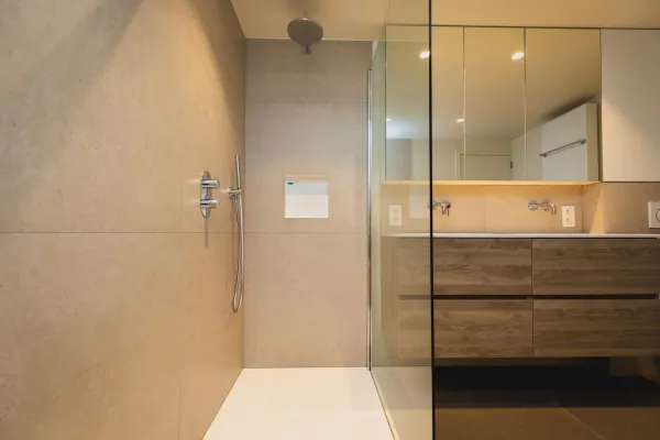 Inloopdouche met glazen wand en badmeubel met spiegelkast, realisatie van ID Interieur