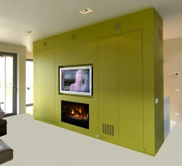 Groene kolomkast met ingebouwde tv en haard, realisatie van ID Interieur